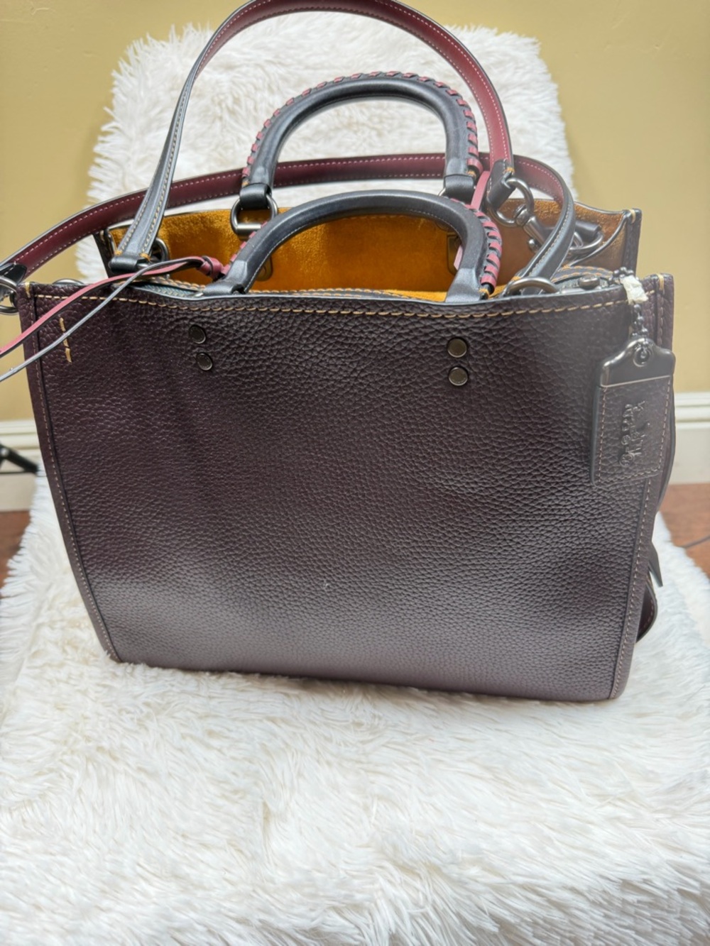 Coach Pebbled Leather Satchel in Plum with Mustard Interior - Picture 2 of 7